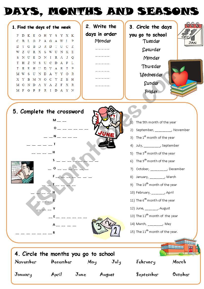 Days, months and seasons worksheet