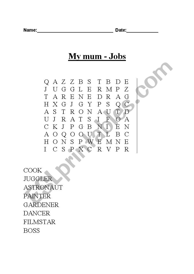 MY mum(by Anthony Browne) word search - Jobs