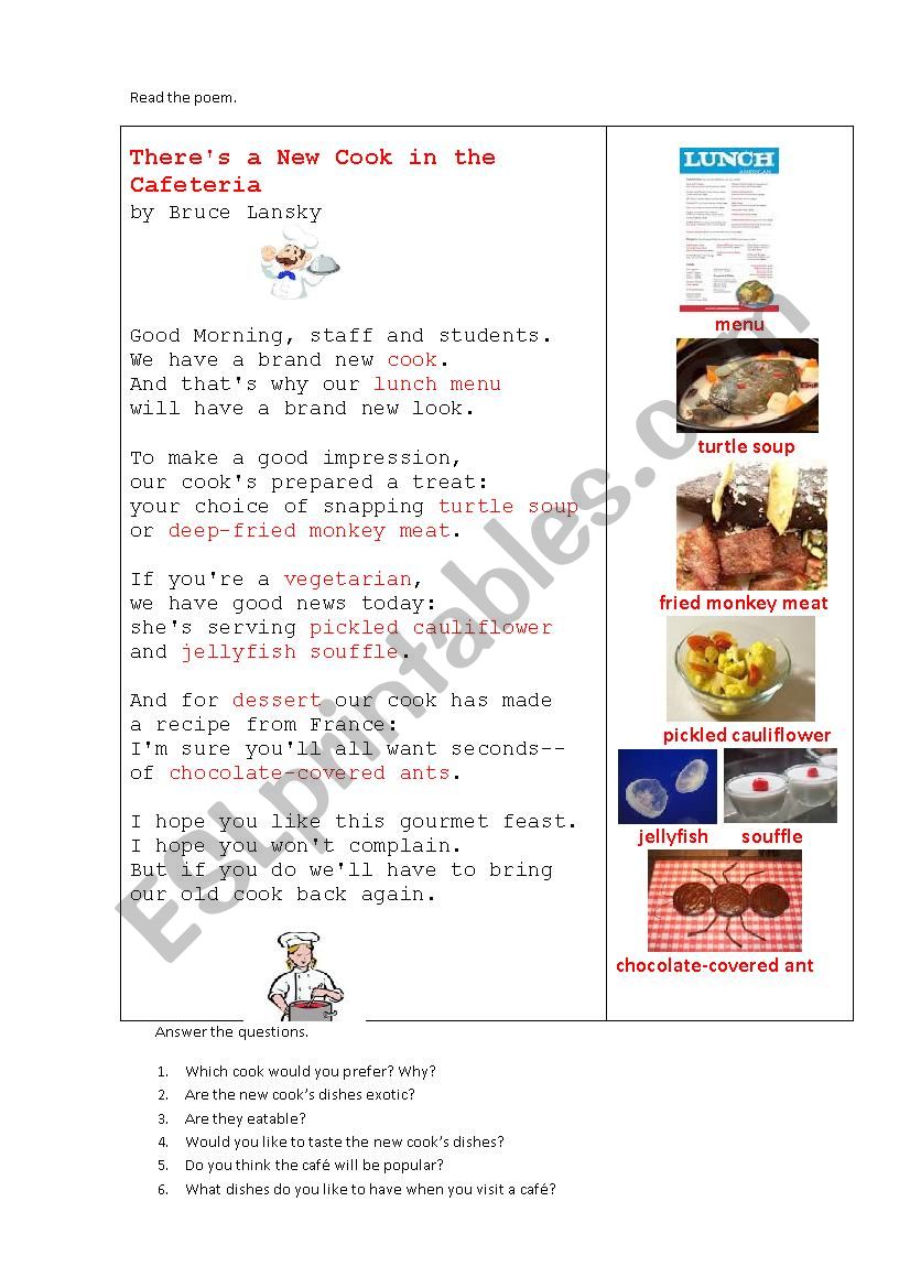 A NEW COOK (a poem) worksheet