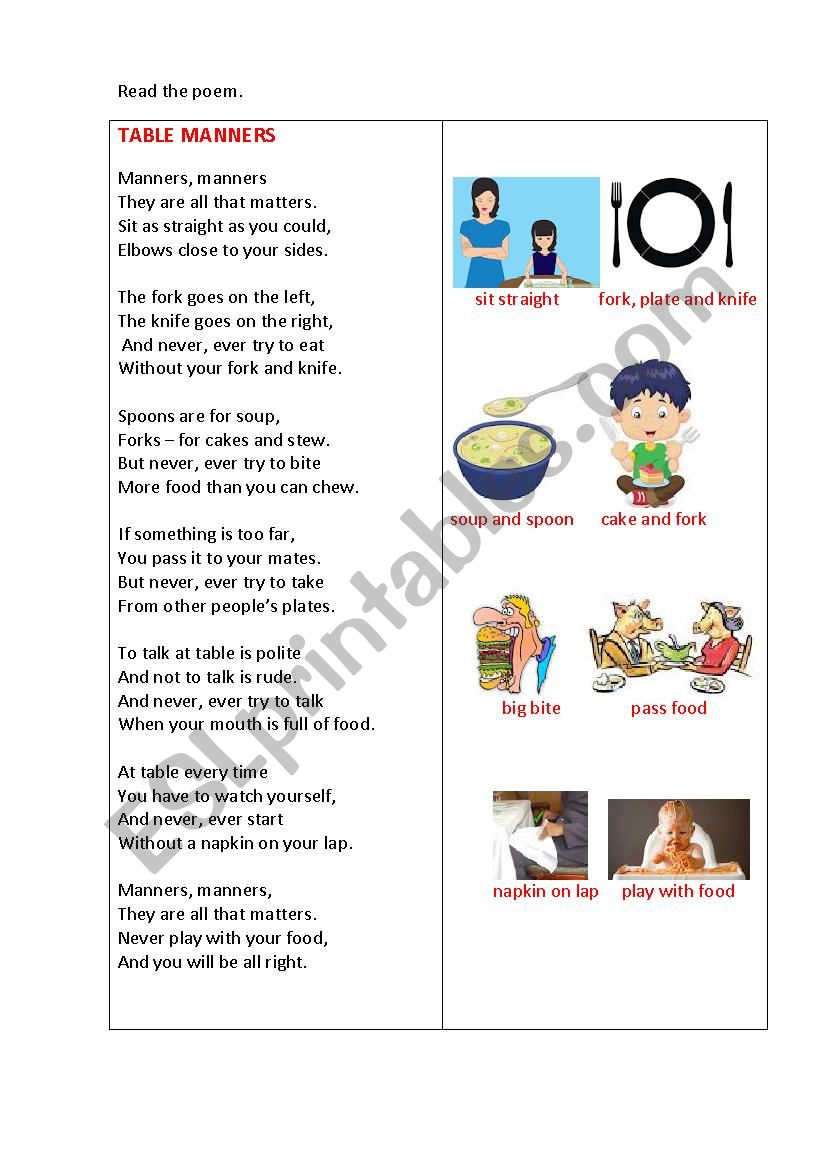 TABLE MANNERS (a poem) worksheet