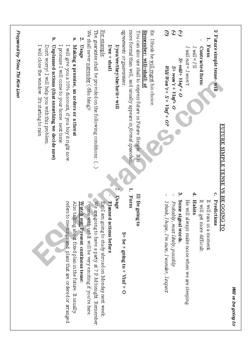 BE GOING TO-WILL worksheet