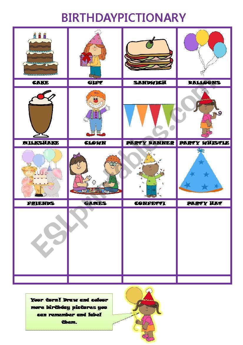 Birthday pictionary worksheet