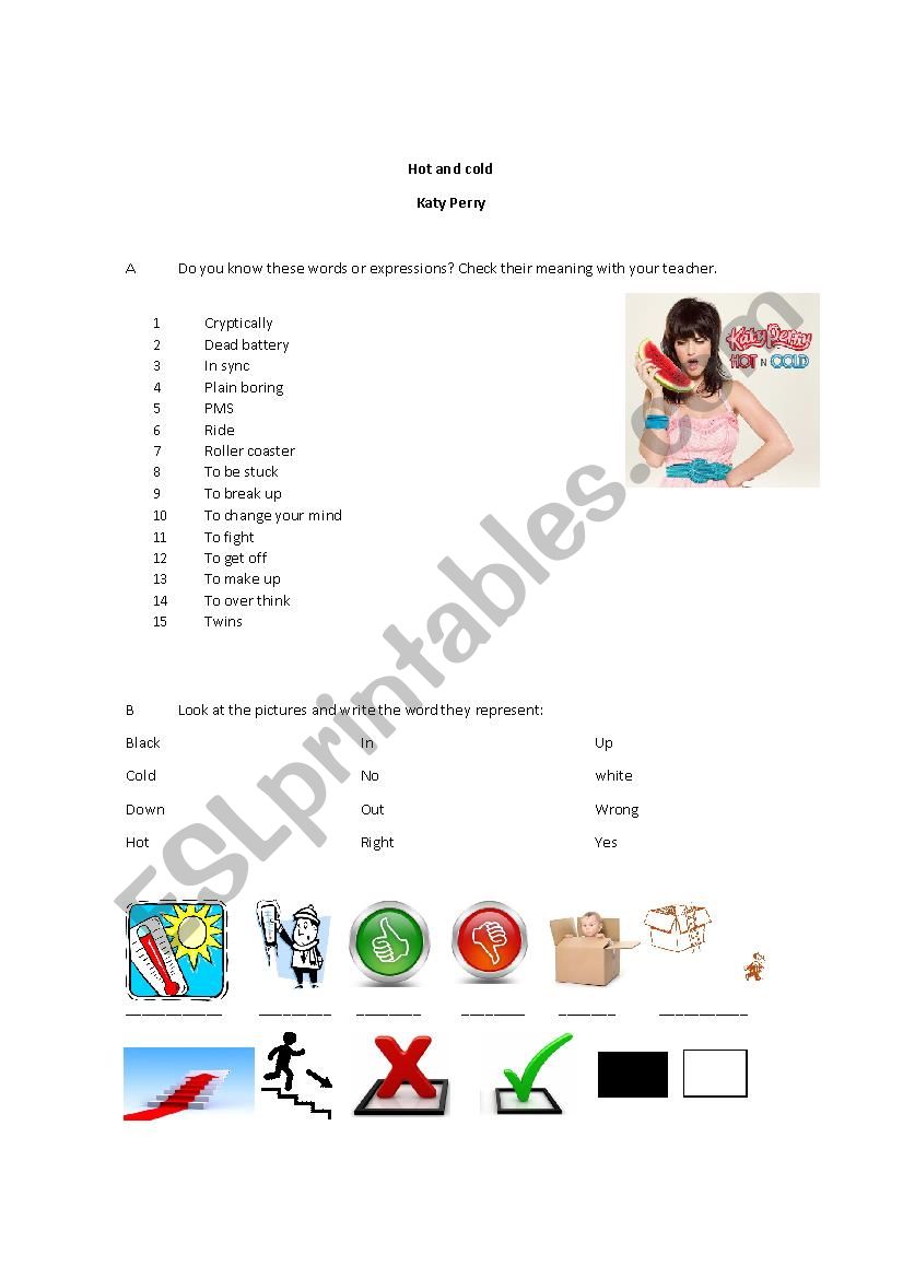 Hot and Cold Katy Perry worksheet