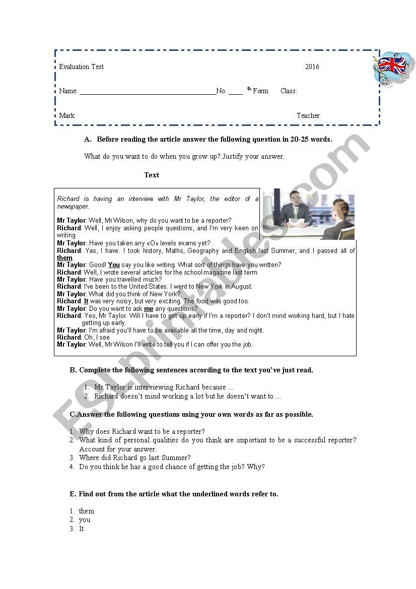 Test about future career worksheet
