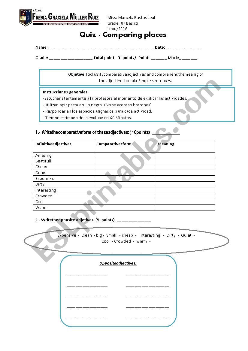 comparing places test worksheet