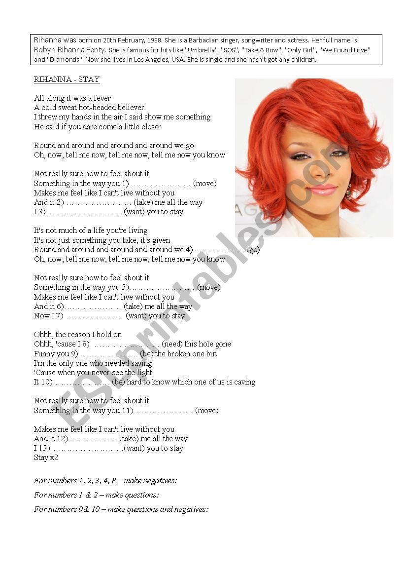 Rihanna - Stay worksheet