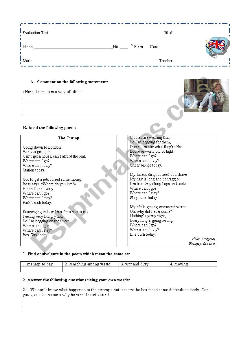Test about homelessness worksheet
