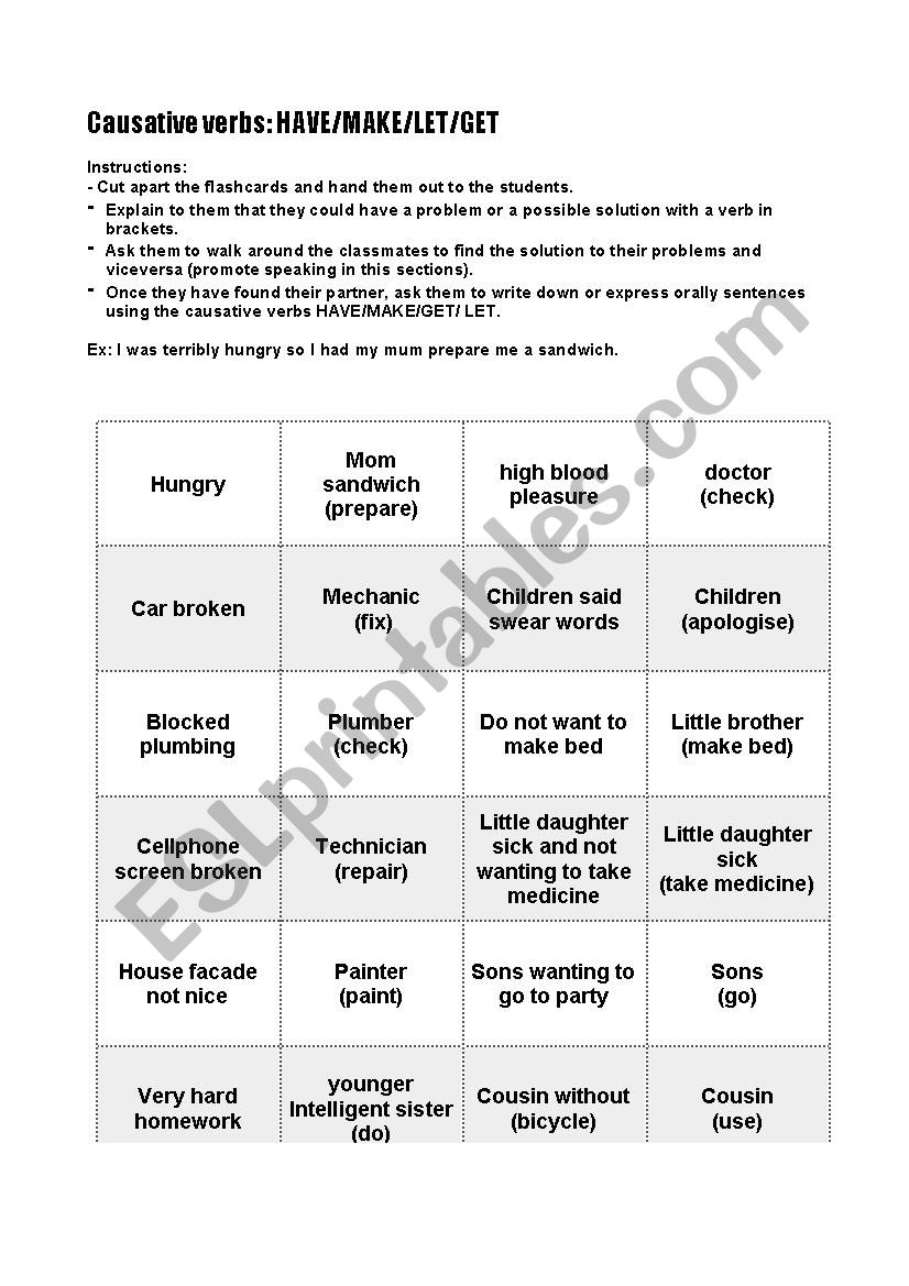 causative flash cards classroom activity 