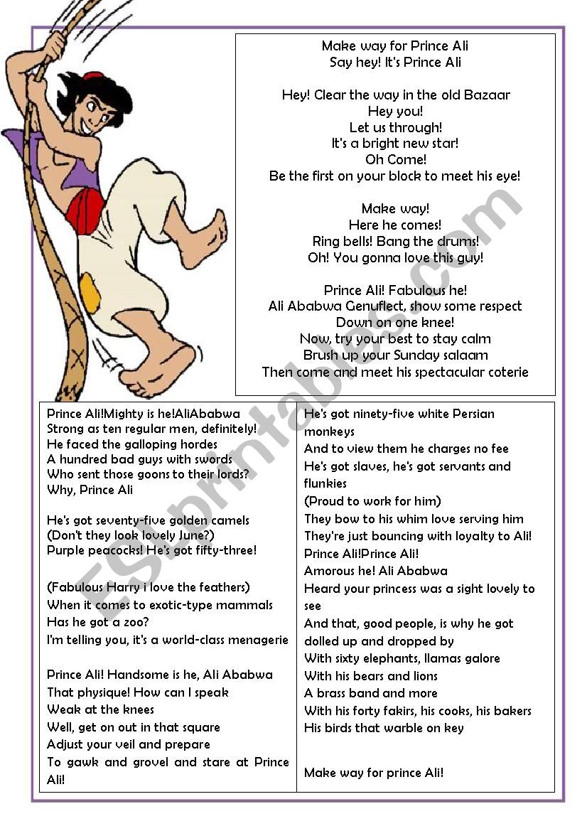 Aladdins Prince Ali Song sheet