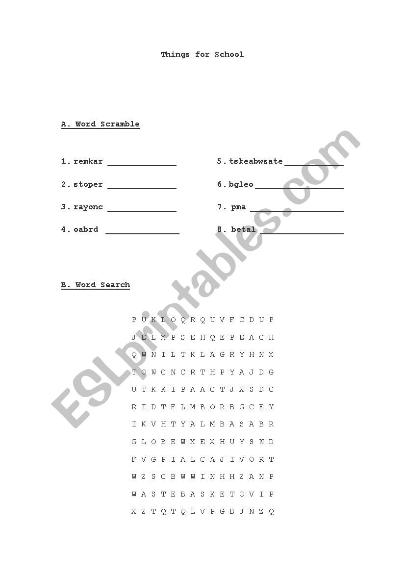 Things for school worksheet