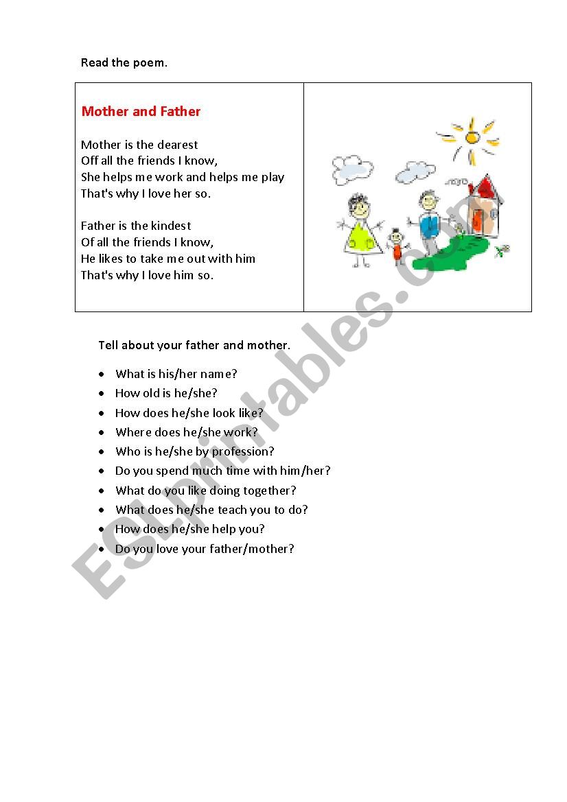 MOTHER AND FATHER (a poem) worksheet