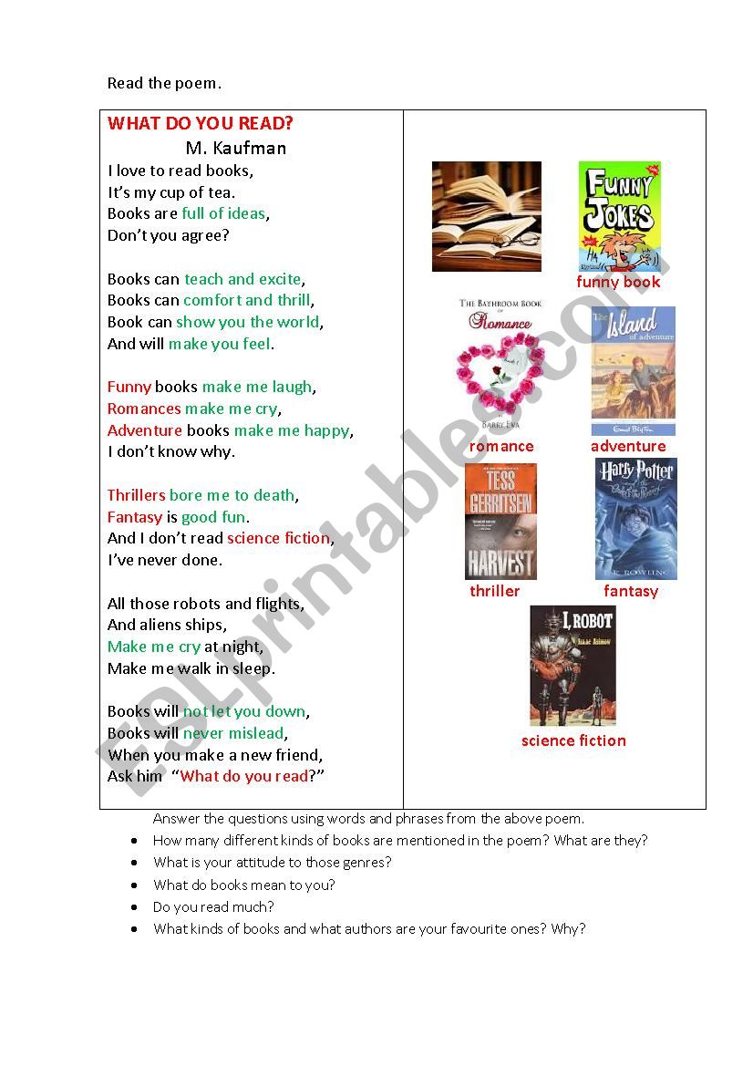 Books (a poem+ questions) worksheet