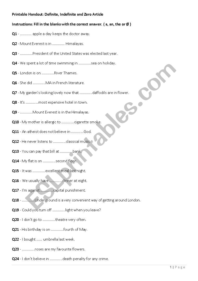 Articles worksheet