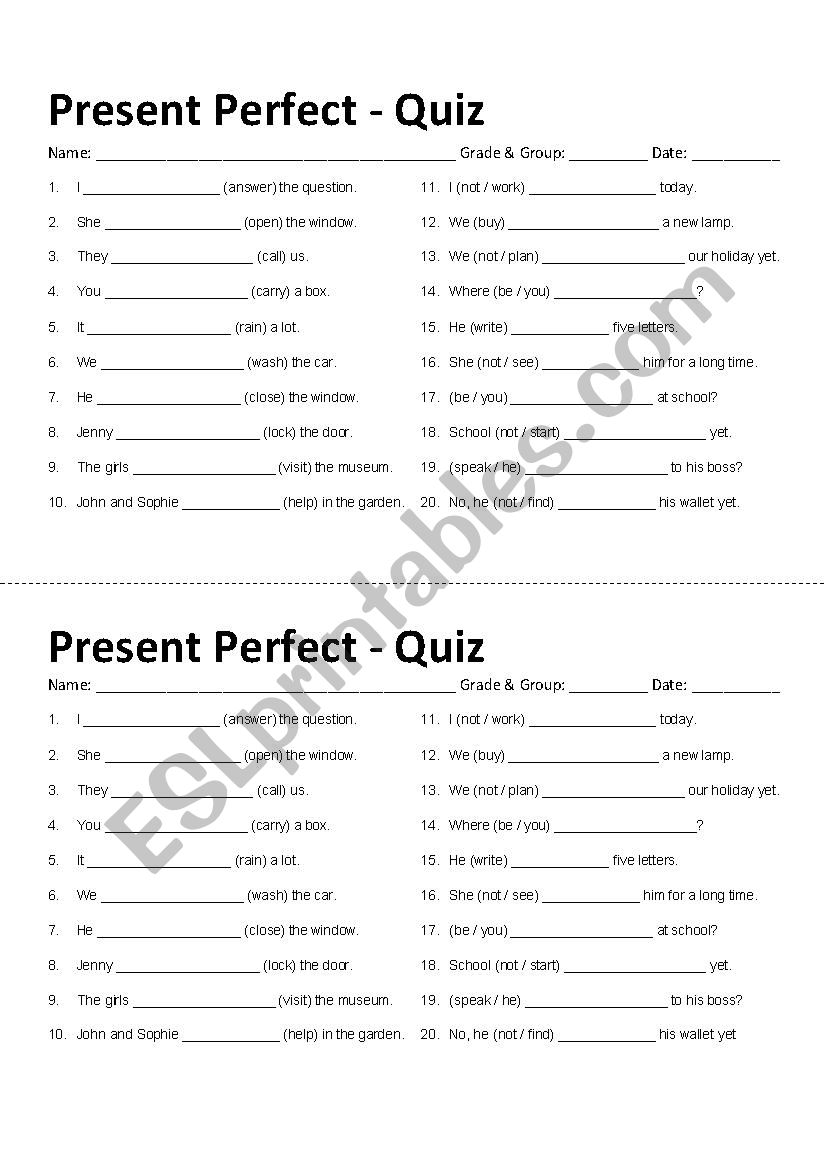 Present Perfect Quiz worksheet