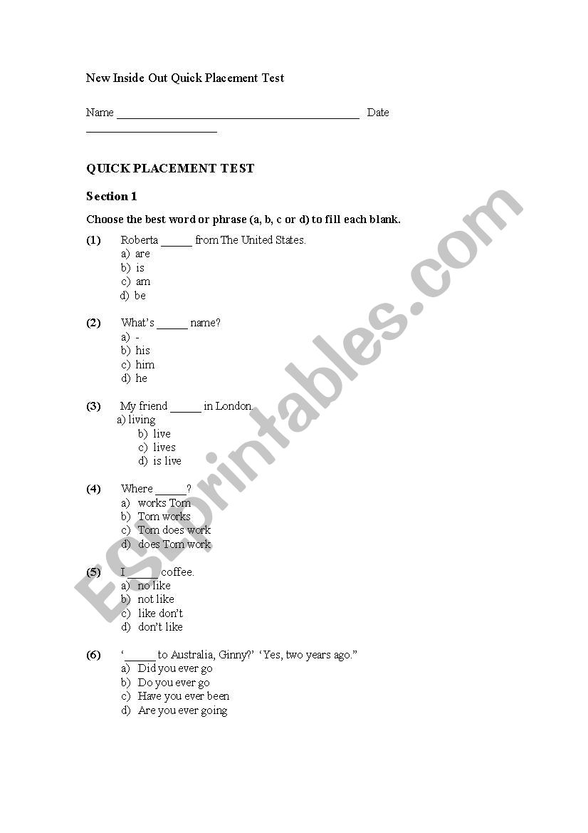 Placement test worksheet