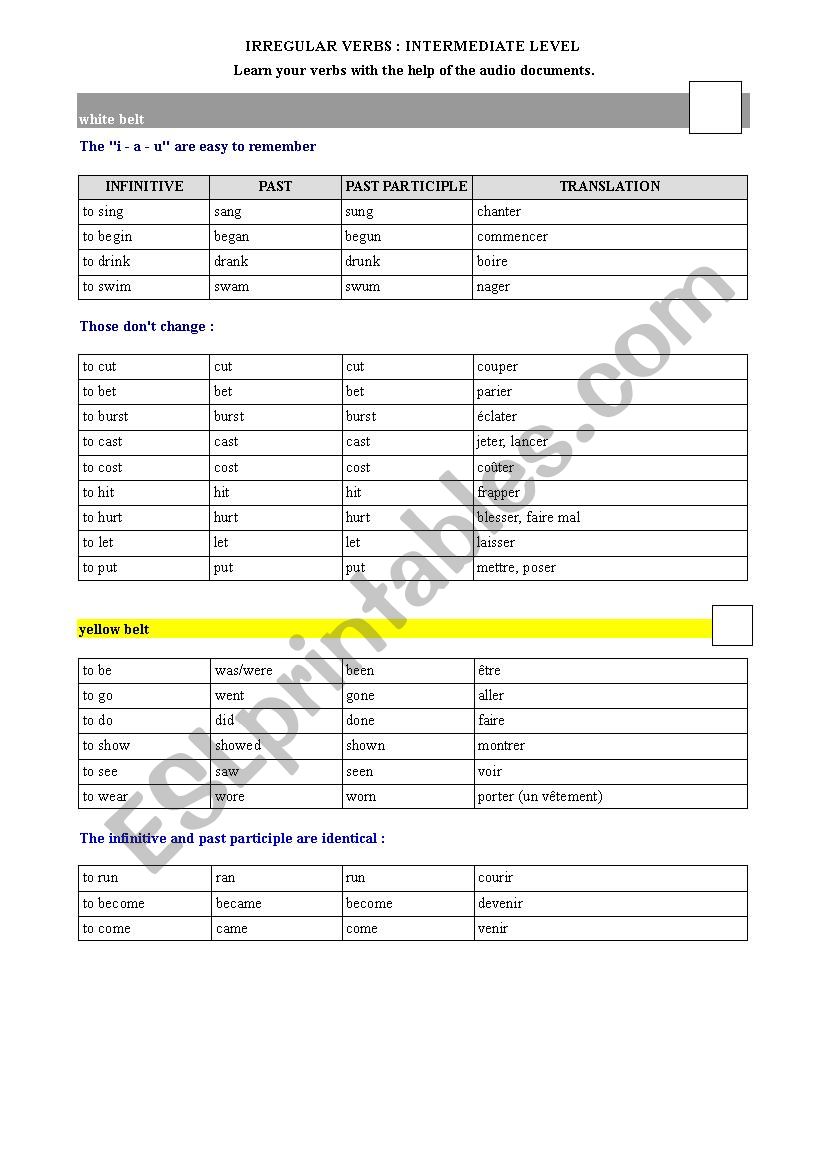 Irregular verbs list with audio intermediate level