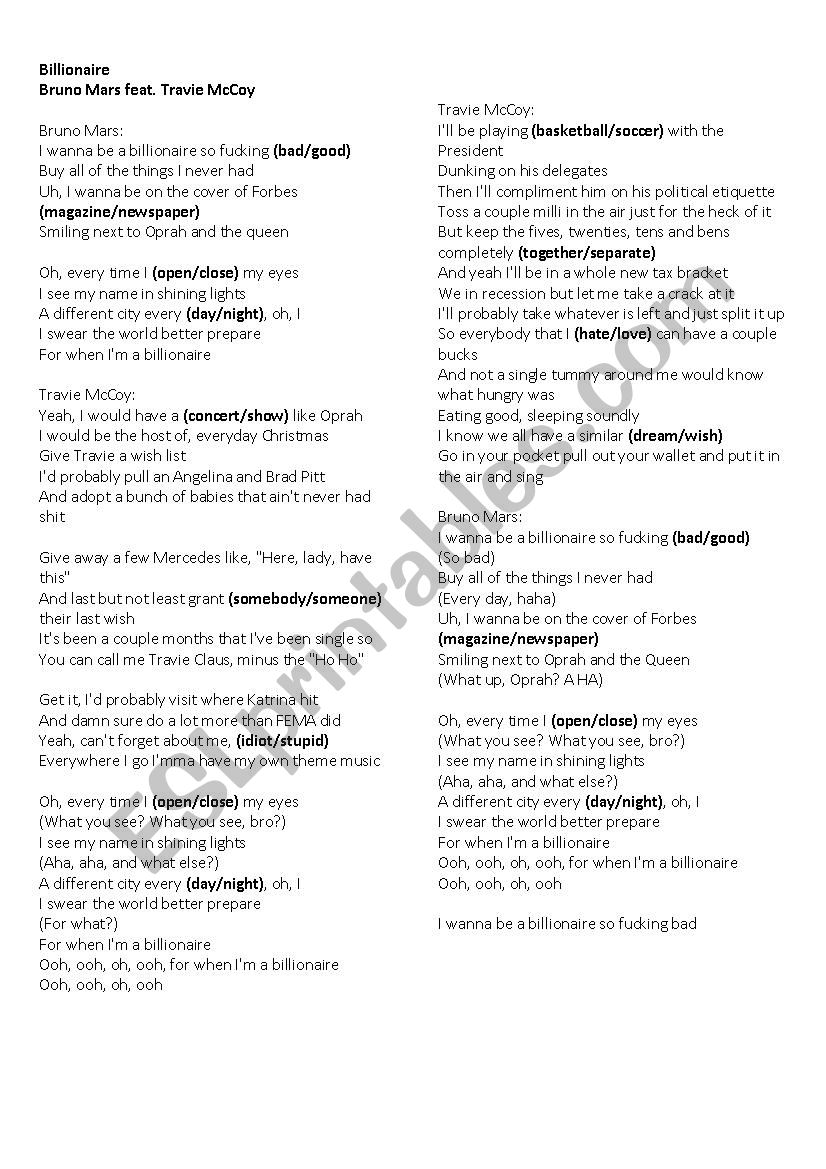 Billionaire Song worksheet