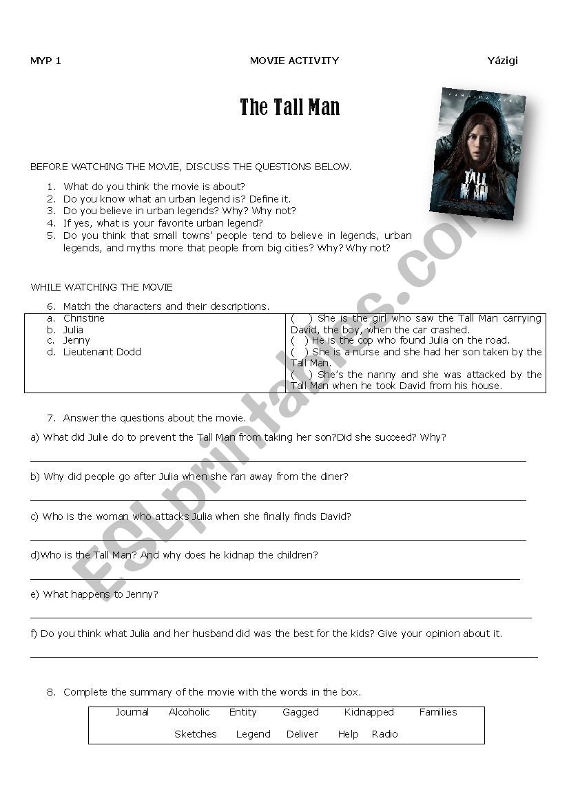 The Tall Man movie activity worksheet