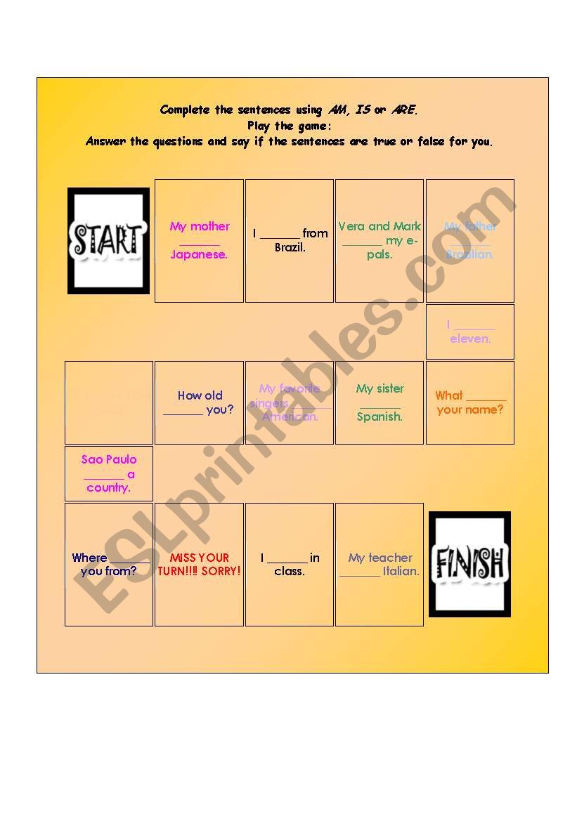 Verb to be - boardgame worksheet