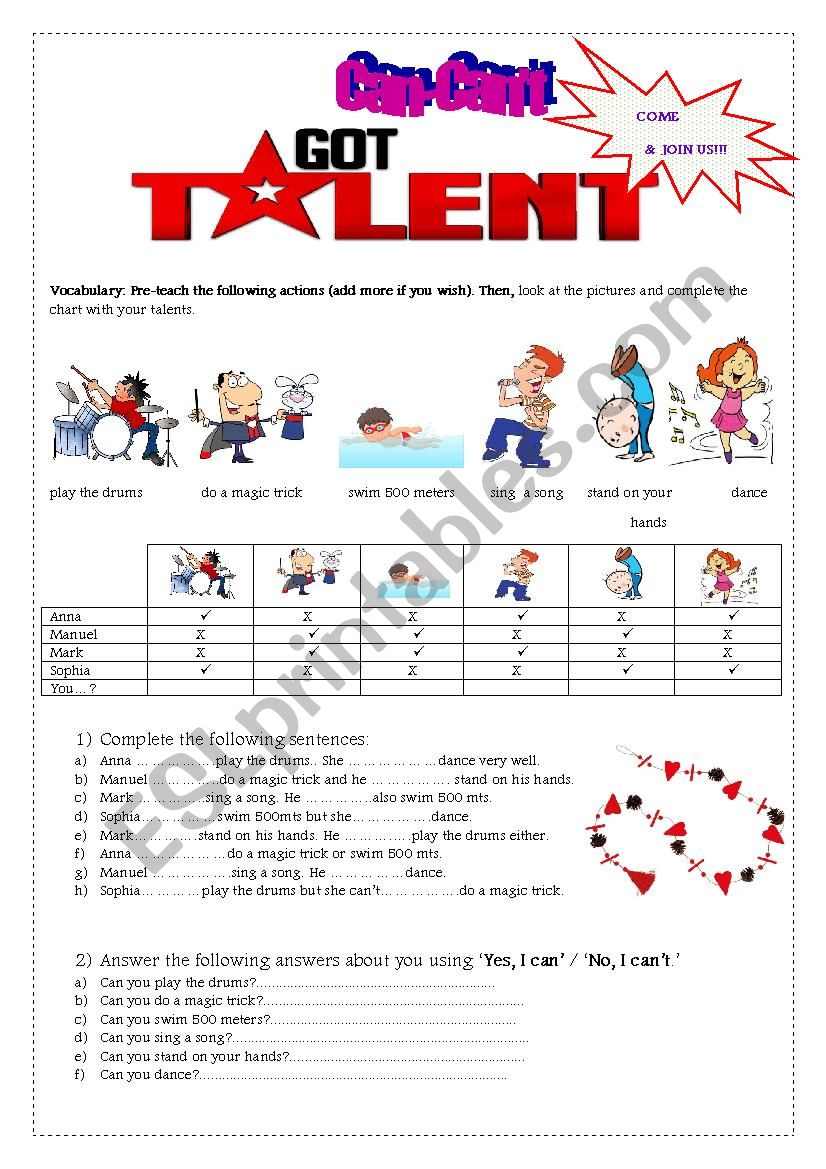 Can-CanÂ´t for ability worksheet