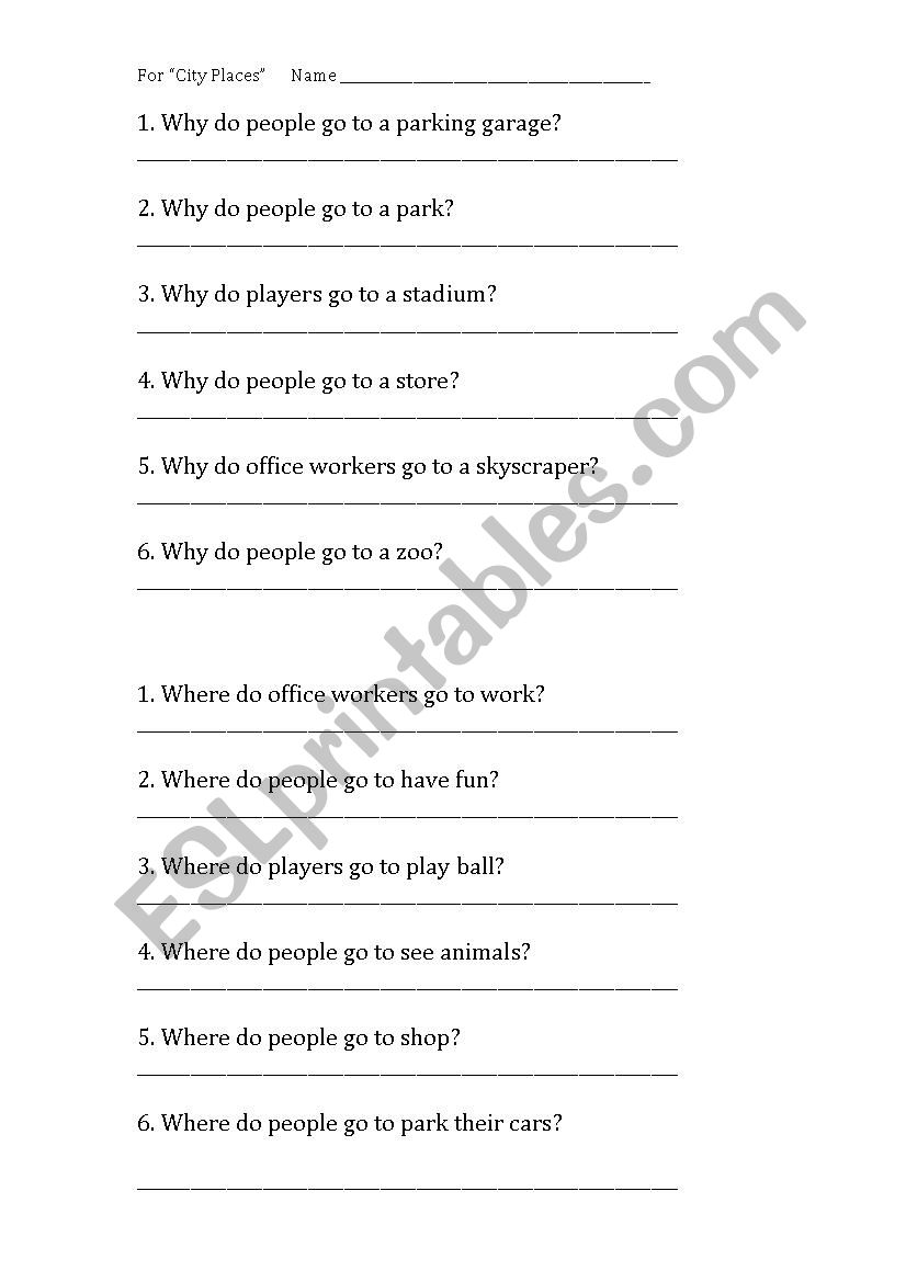 City Places worksheet