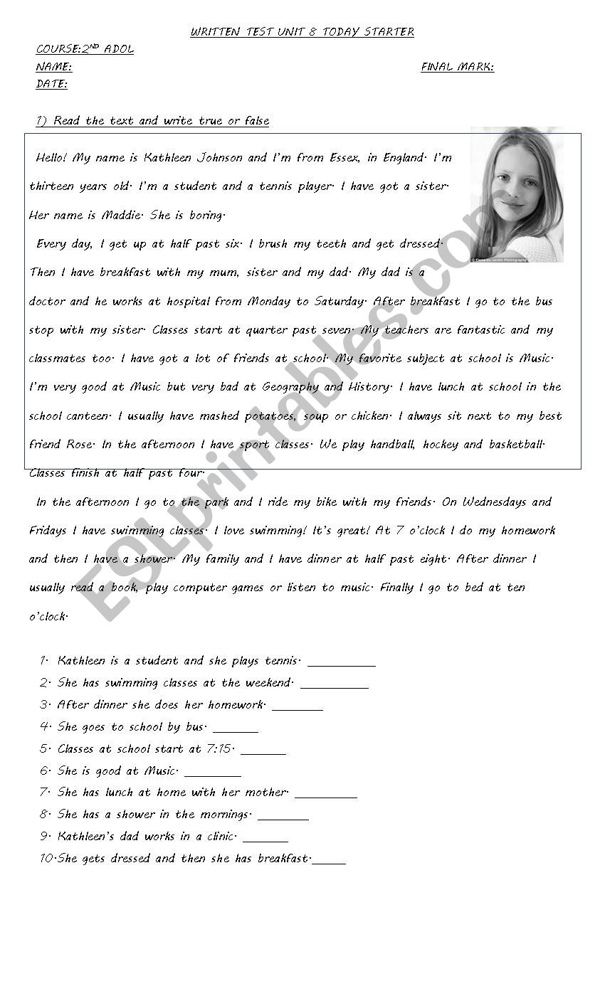 TODAY STARTER UNIT 8 TEST worksheet