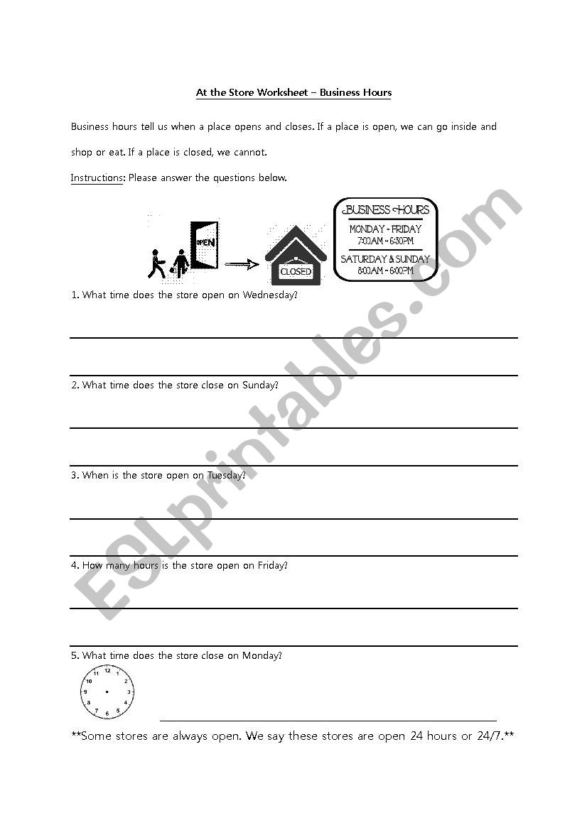At the Store Worksheet - Business Hours