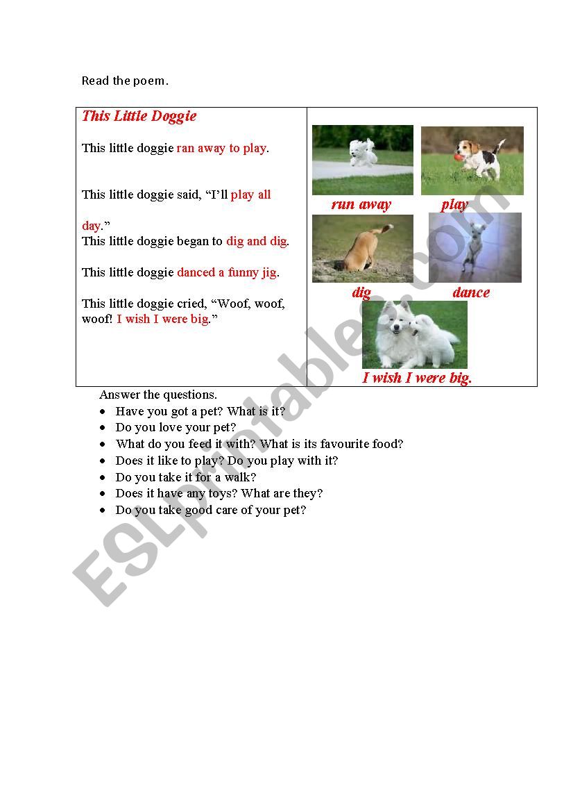 DOGGIE (a poem) + questions worksheet