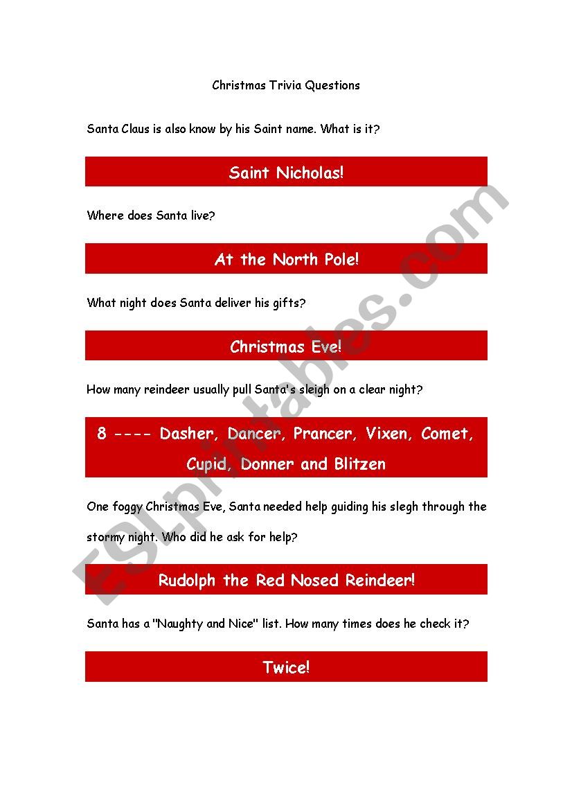 Christmas Trivia  worksheet