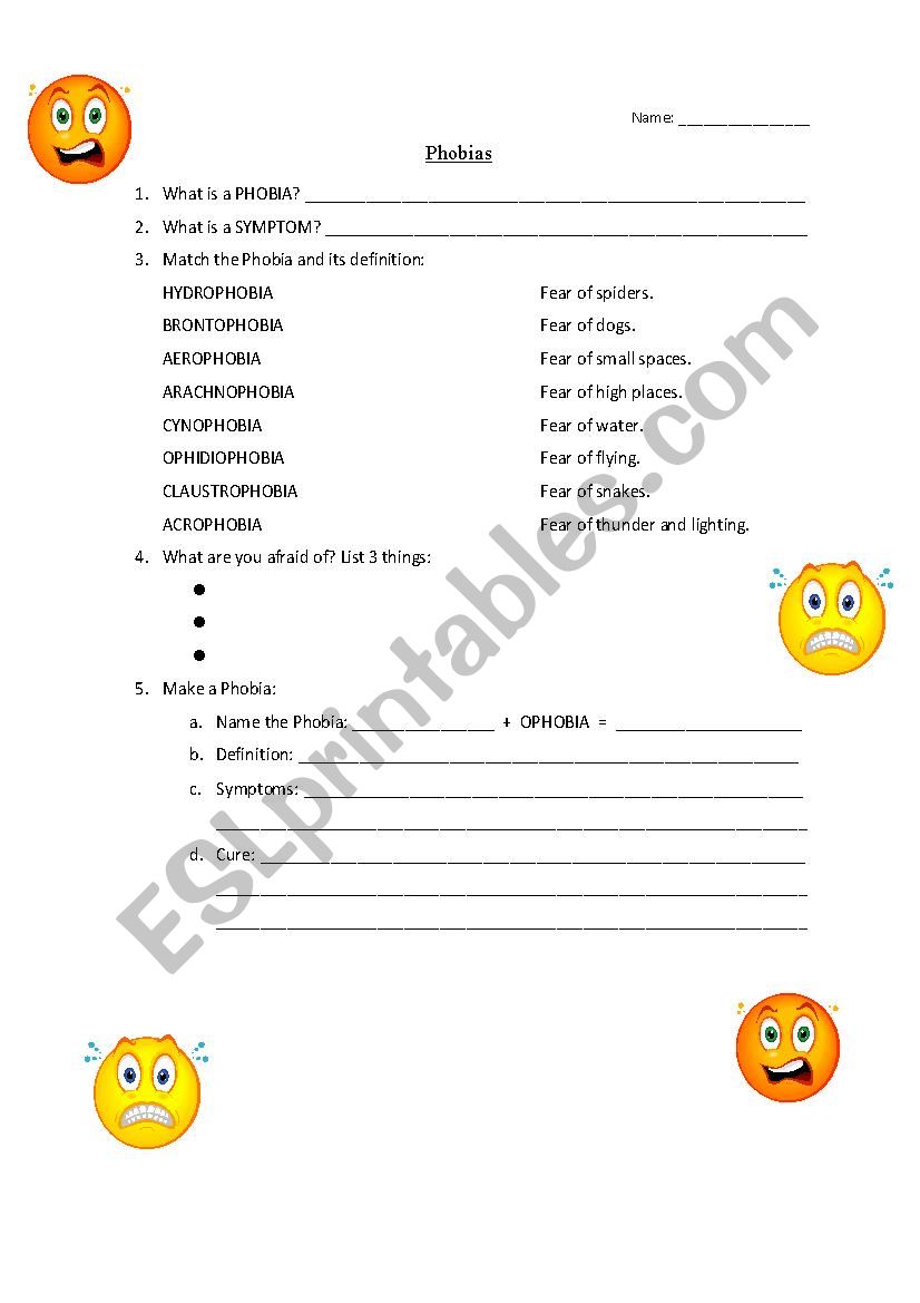 Phobias worksheet worksheet