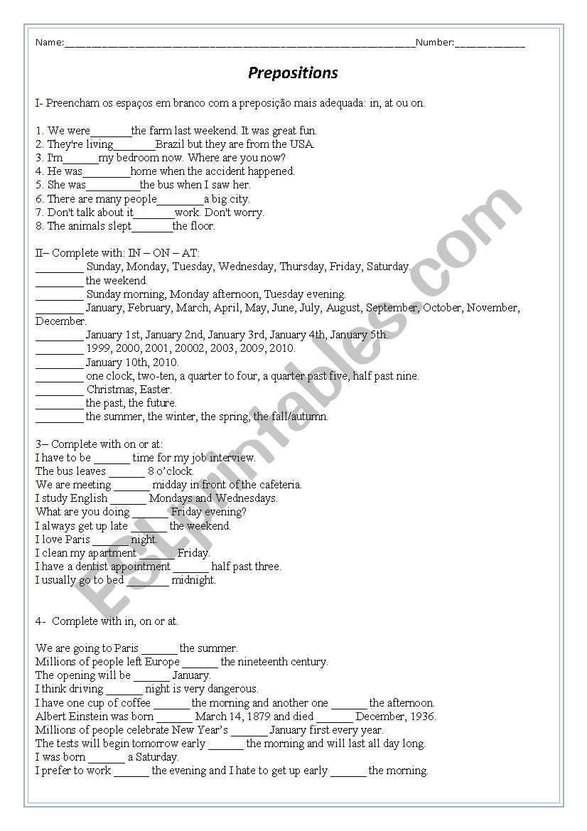 Prepositions worksheet