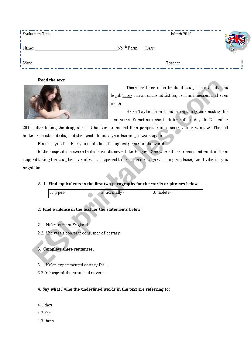 Evaluation test about a drug-dependent- girl