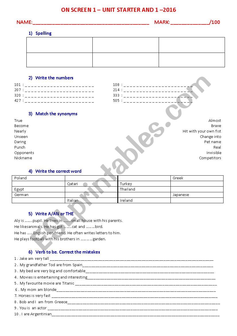 On screen 1 Test worksheet