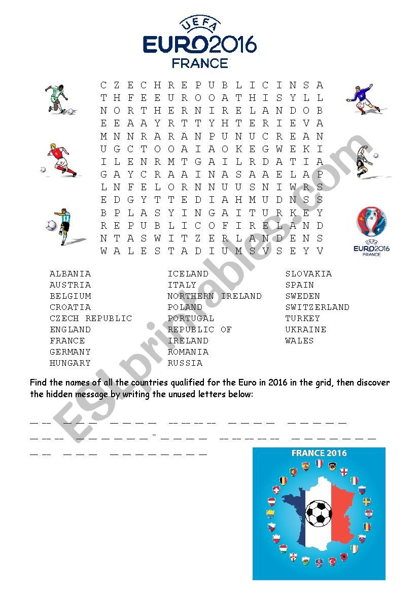 Euro UEFA 2016 football wordsearch with hidden message