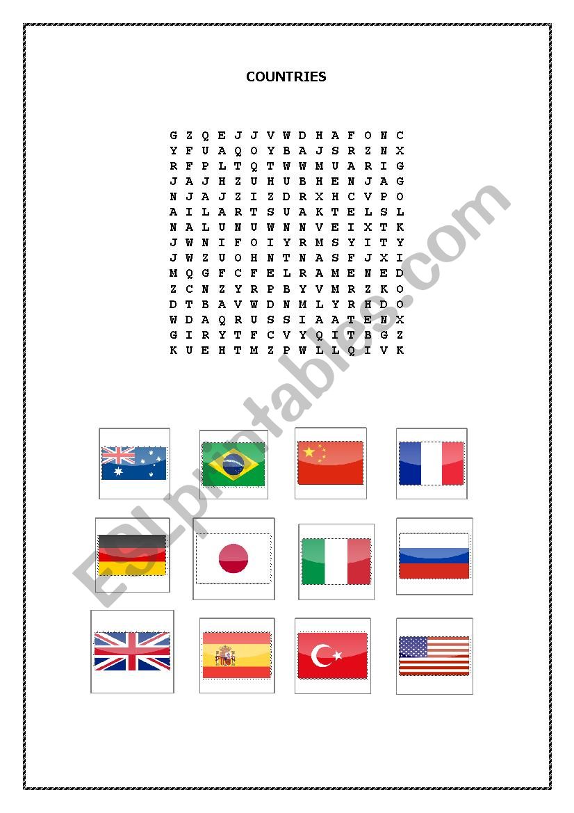 Word Search Game About Countries