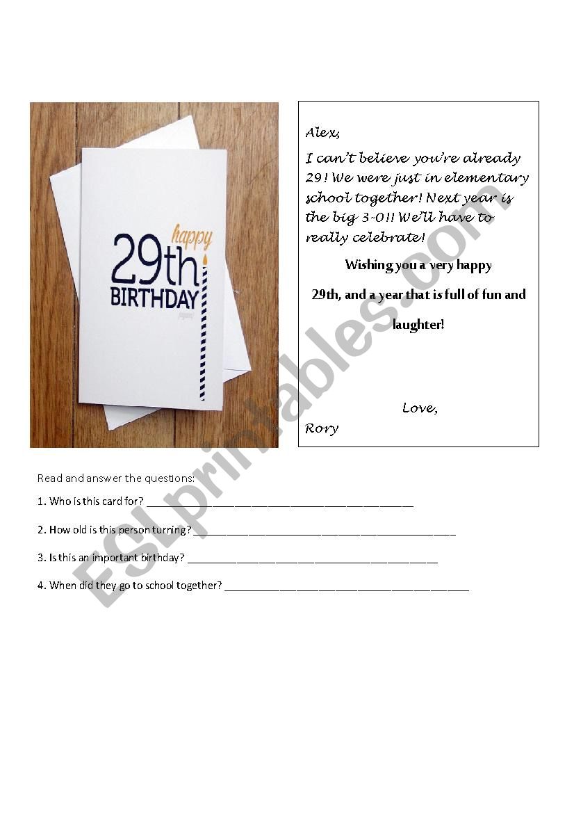 BirthdayCard reading worksheet