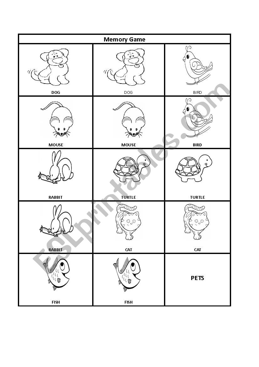 pets memory game  worksheet