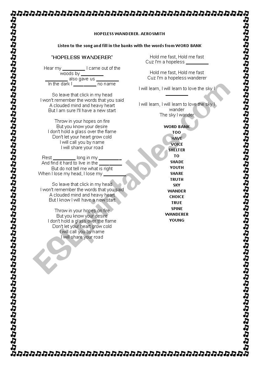 SONG HOPELESS WANDERER worksheet