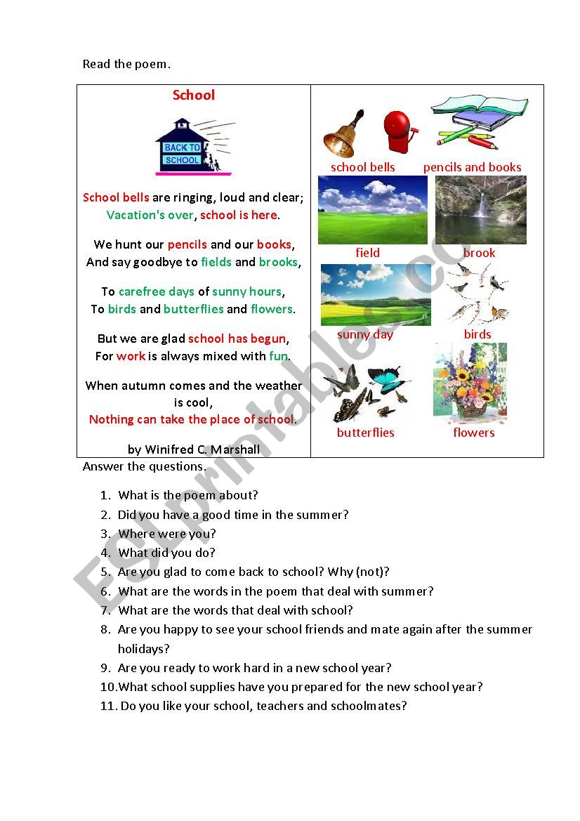 BACK TO SCHOOL (a poem) worksheet