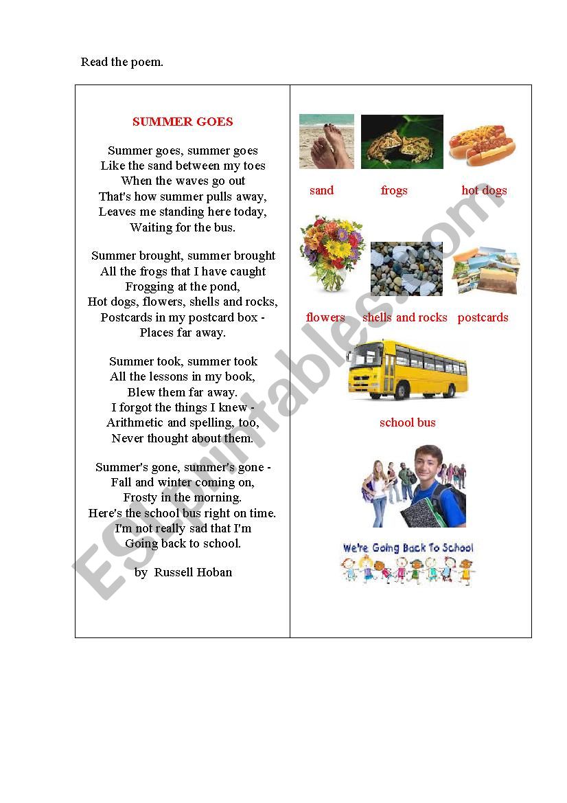 BACK TO SCHOOL (a poem) worksheet