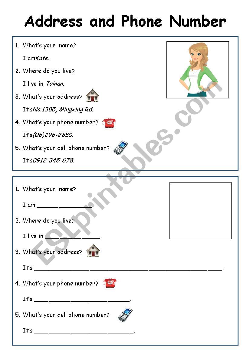 Adress and Phone Number worksheet