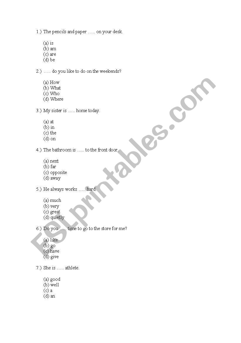 basic grammar quiz worksheet