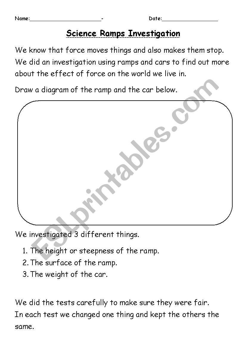 Science forces, toy car ramps worksheet