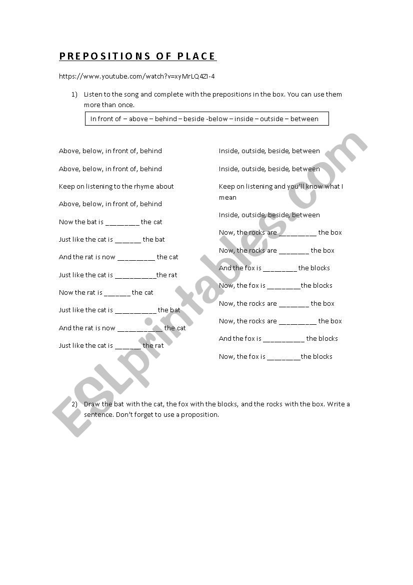 Prepositions of place worksheet