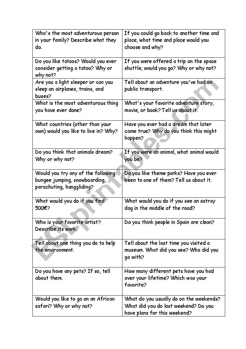 speaking cards worksheet