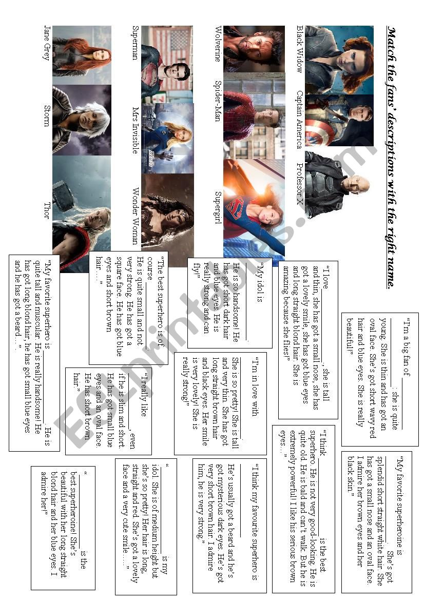 Superheroes: fan descriptions worksheet