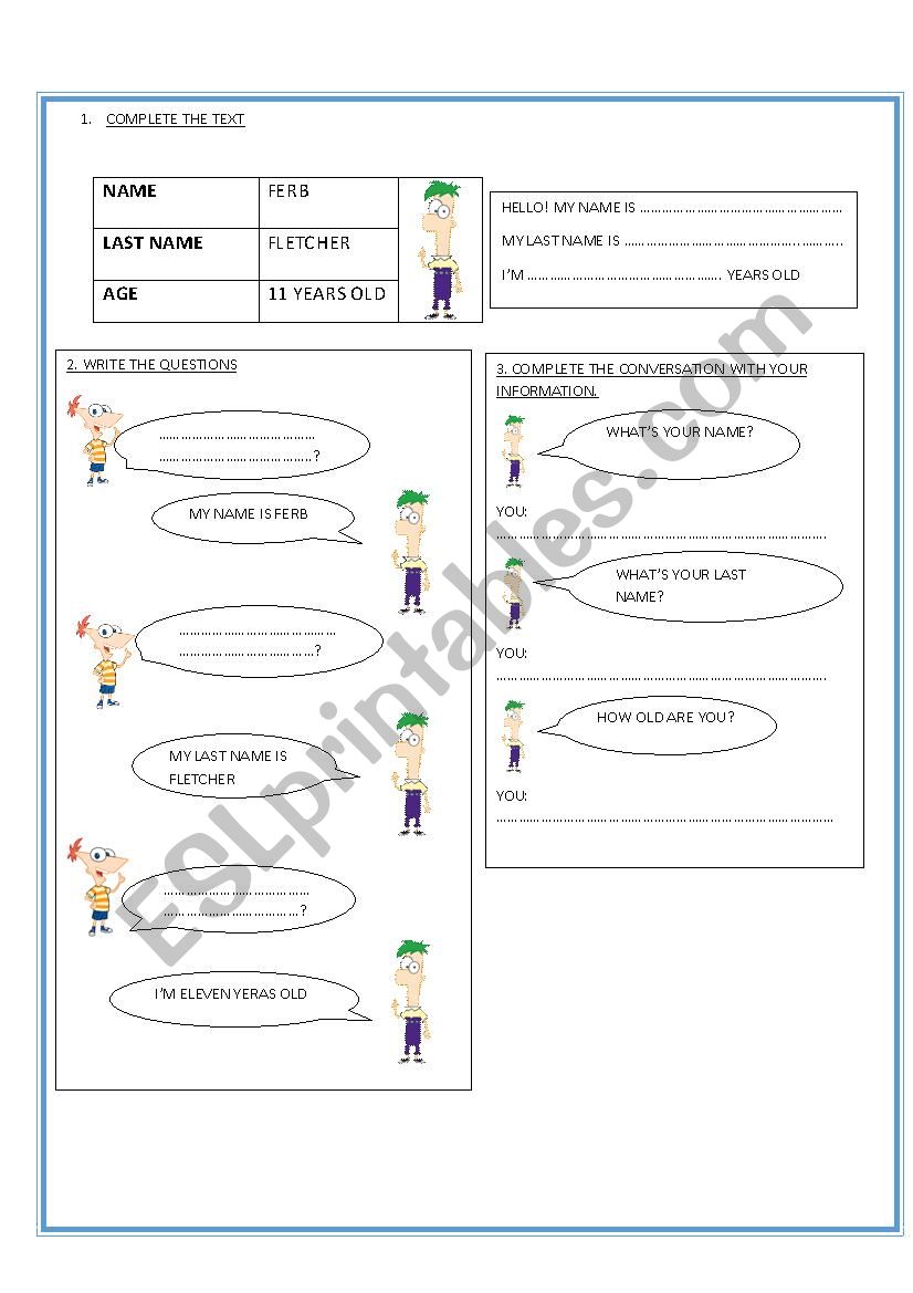 Personal information  worksheet