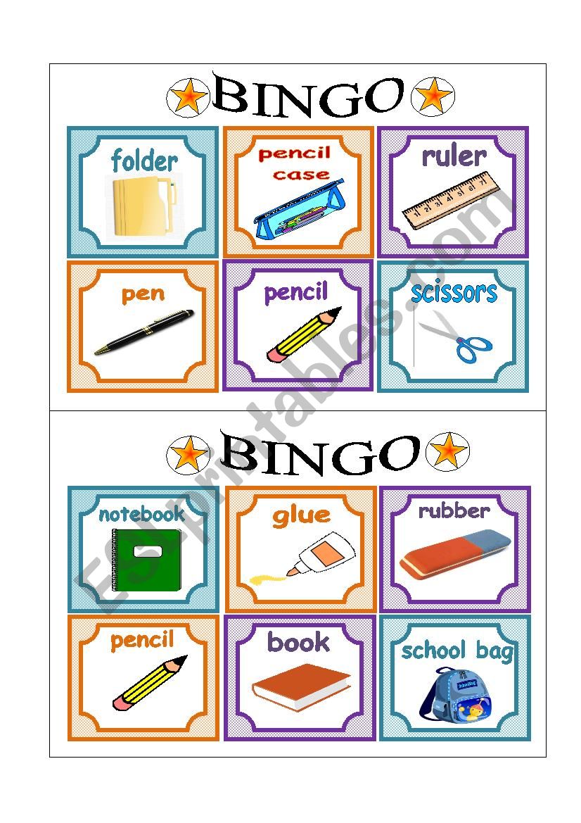 PART 1 School Bingo Cards worksheet