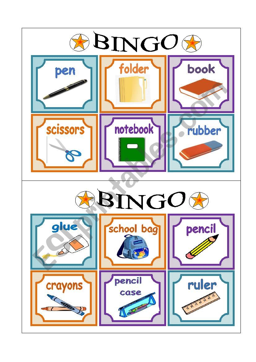 PART 2 School Bingo Cards worksheet