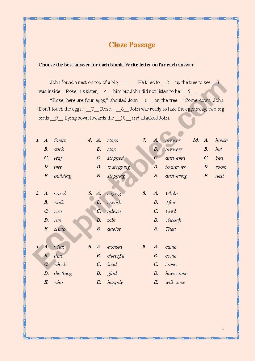 Cloze Passage worksheet